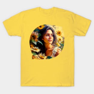 A beautiful girl in nature, surrounded by sunflowers, Art painting T-Shirt